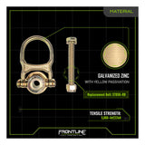 The Frontline ALPH 5K Steel Swivel Anchor with Bolt STB5K by Frontline Fall Protection features galvanized zinc steel, yellow passivation, 360° swiveling d-ring, replacement bolt, and a 5,000 lbf/22kN tensile strength.