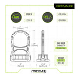 Technical diagram of the Frontline ALPH 5K Steel Swivel Anchor with Bolt STB5K, featuring a 360° swiveling d-ring, ANSI/OSHA compliance, 310 lb (1.39 kN) capacity, 1.2 lb (544 g) weight, and Frontline Fall Protection branding.