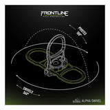 Diagram of the Frontline ALPH 5K Steel Swivel Anchor with Bolt STB5K by Frontline Fall Protection, showing a 360° swiveling d-ring and 180° pivot range, ideal for temporary horizontal lifeline systems. Arrows highlight its full motion.
