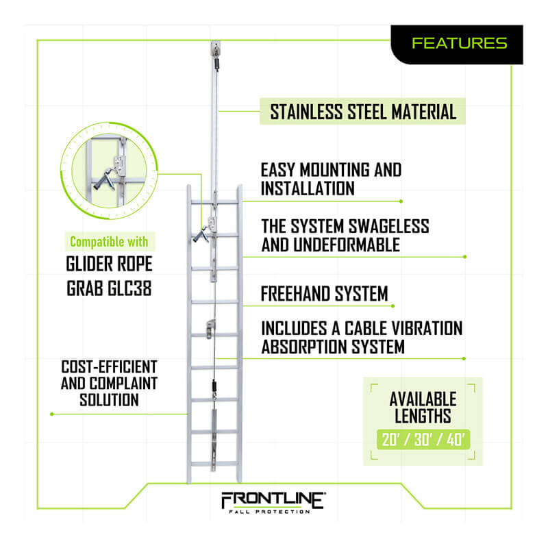 An infographic for the Frontline Fall Protection Ladder Cable Vertical Lifeline System VLCS shows a metal ladder with cable, highlighting fixed ladder safety, easy installation, freehand use, vibration absorption, and multiple lengths.
