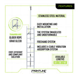An infographic for the Frontline Fall Protection Ladder Cable Vertical Lifeline System VLCS shows a metal ladder with cable, highlighting fixed ladder safety, easy installation, freehand use, vibration absorption, and multiple lengths.