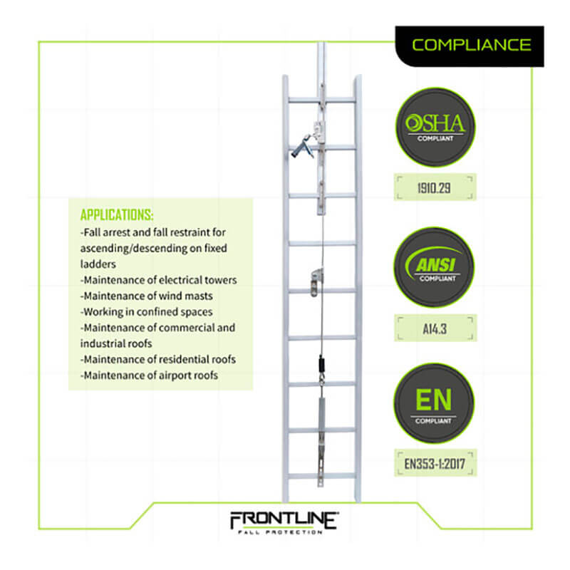 Image shows the Frontline Ladder Cable Vertical Lifeline System VLCS by Frontline Fall Protection with safety attachments for fall arrest/restraint on ladders, towers, roofs, and confined spaces. OSHA, ANSI & EN compliant. FRONTLINE logo at bottom.