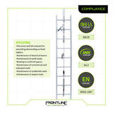 Image shows the Frontline Ladder Cable Vertical Lifeline System VLCS by Frontline Fall Protection with safety attachments for fall arrest/restraint on ladders, towers, roofs, and confined spaces. OSHA, ANSI & EN compliant. FRONTLINE logo at bottom.