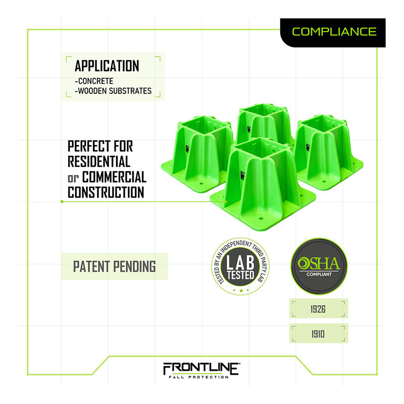 Six Frontline Safety Guardrail Boot Bases (GPB200) by Frontline Fall Protection are shown in two rows, highlighting OSHA compliance, lab testing, and perimeter protection for concrete or wood surfaces on construction sites.