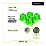 Six Frontline Safety Guardrail Boot Bases (GPB200) by Frontline Fall Protection are shown in two rows, highlighting OSHA compliance, lab testing, and perimeter protection for concrete or wood surfaces on construction sites.