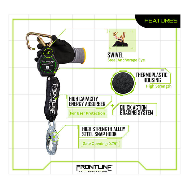 The Frontline Aramid Fiber Web SRL by Frontline Fall Protection is shown, featuring a steel snap hook end, steel anchorage eye swivel, high-capacity energy absorber, thermoplastic housing, and quick-action braking system.