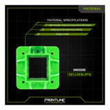 The Frontline Fall Protection Guardrail Boot Base w/Hardware GPB200 is a green ABS plastic square frame (7.5" x 7.5" x 5.5", 1.5 lb) with a hollow center, shown on a black grid and highlighted for strength and safety color.