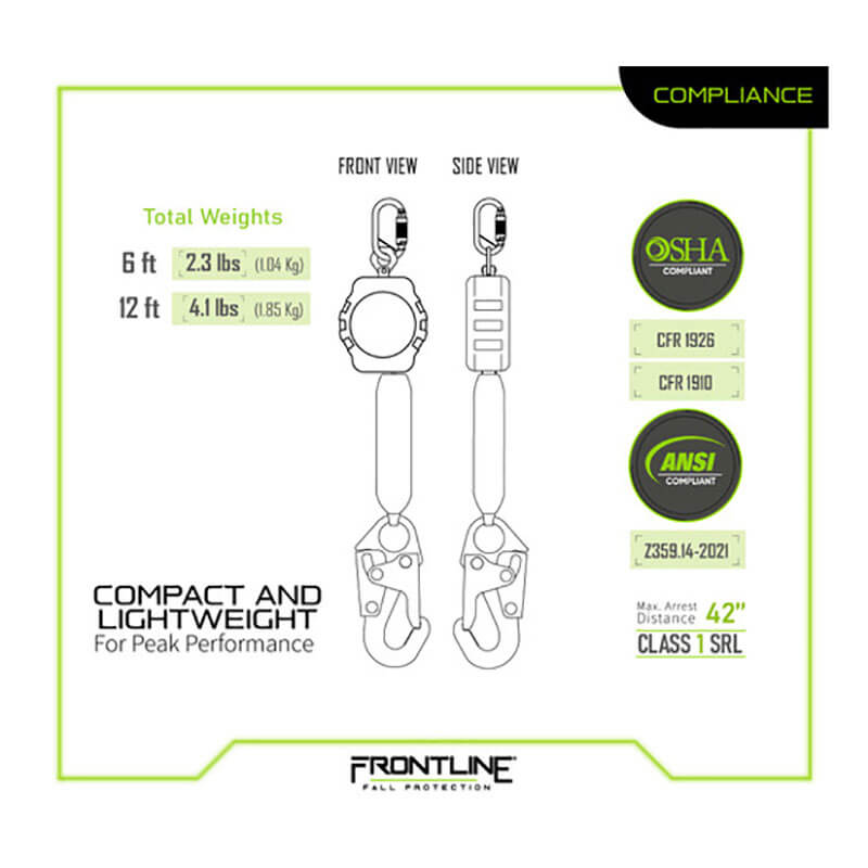 Diagram of Frontline Aramid Fiber Web SRL w/Steel Snap Hook End by Frontline Fall Protection, showing compact, lightweight design in front and side views, weights for 6 ft and 12 ft models, OSHA/ANSI compliance, 42" min arrest distance.
