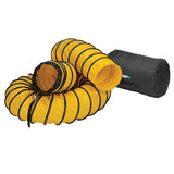 The Euramco ECKO-FLEX 12 in. x 10 m flexible ducting, featuring a yellow design with black rings, is coiled beside its black carrying bag. This ducting is crafted for air ventilation and offers easy transportability, ensuring portable ventilation wherever it’s required.