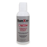 A 4 oz. white bottle of Coretex SunX SPF30 sunscreen is presented, providing broad-spectrum UVA/UVB protection. This non-greasy, oil-free formula is enriched with aloe vera for moisturizing sun protection and contains vitamin E. It offers 80 minutes of water and sweat resistance.
