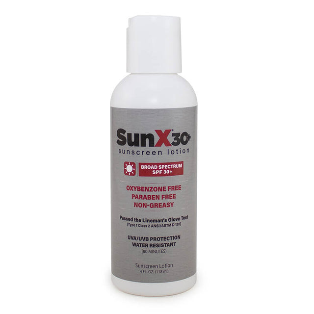 A 4 oz. white bottle of Coretex SunX SPF30 sunscreen is presented, providing broad-spectrum UVA/UVB protection. This non-greasy, oil-free formula is enriched with aloe vera for moisturizing sun protection and contains vitamin E. It offers 80 minutes of water and sweat resistance.