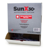 This FDA-compliant Coretex SunX SPF30 sunscreen is packaged in a sleek gray Wallmount Dispenser Box featuring striking red and white accents. Labeled as "SPF 30+ Broad Spectrum," it provides UVA/UVB protection with aloe vera gel and vitamin E. To dispense this water-resistant formula, simply pull the tray open.