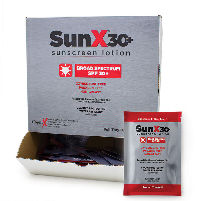 A box of Coretex SunX SPF30 Sunscreen Pouches 100/Box, with one pouch in front. Packaging highlights "Broad Spectrum SPF 30+," and states it's oxybenzone free, paraben free, non-greasy, and water-resistant.