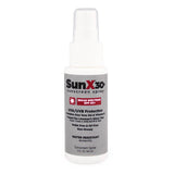 The Coretex SunX SPF30+ Sunscreen 2 oz. Pump Spray from the 12/Case SKU 71661 provides UVA/UVB protection in a PABA-free, oil-free formula that is resistant to water and sweat. Enriched with aloe vera and vitamin E, it nourishes the skin effectively. The packaging consists of a white bottle with bold red and black text for effortless recognition.