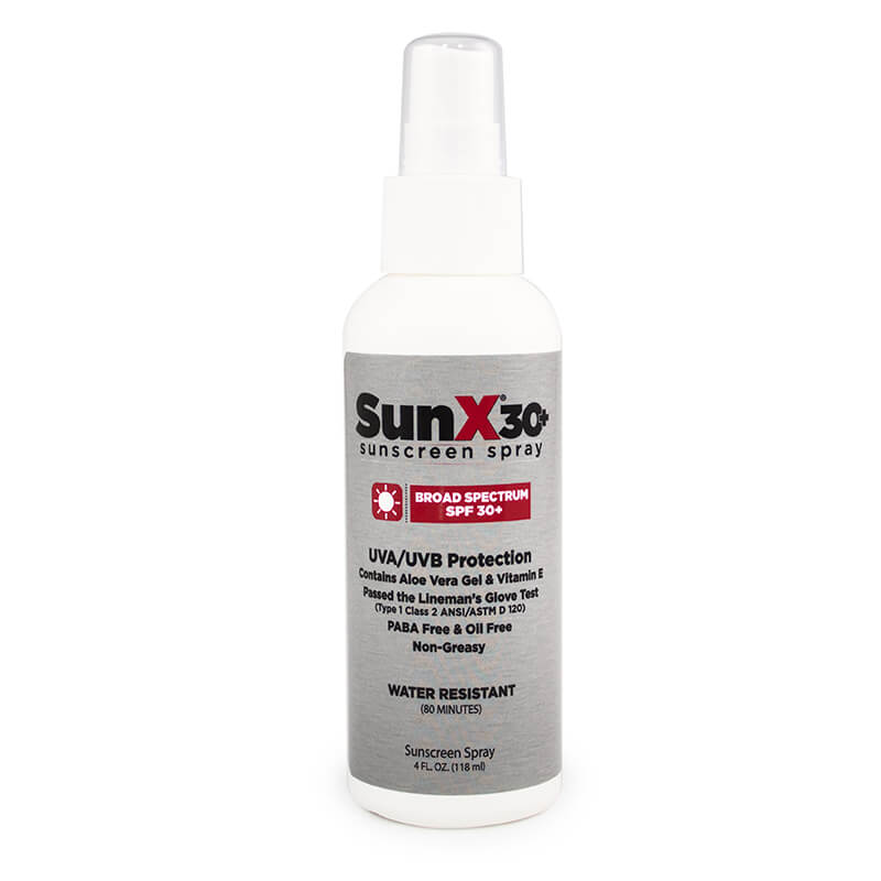 A white bottle of Coretex SunX SPF30 sunscreen spray, offering SPF30+ protection against UVA/UVB rays. The label highlights Aloe Vera and vitamin E, underscoring its water and sweat resistance. The bottle contains 4 fl oz (118 ml).