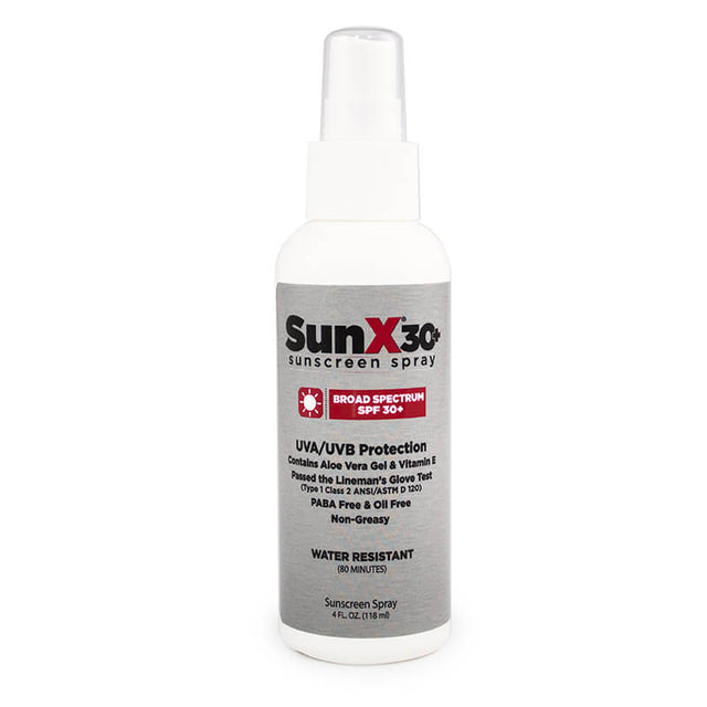 A white bottle of Coretex SunX SPF30 sunscreen spray, offering SPF30+ protection against UVA/UVB rays. The label highlights Aloe Vera and vitamin E, underscoring its water and sweat resistance. The bottle contains 4 fl oz (118 ml).