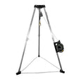 The Frontline Fall Protection Patriot 7' CS Tripod w/3-Way Retrieval System features steel legs, base chains, a safety hook, and a winch-equipped pulley—ideal for confined space entry or rescue operations with durable aluminum construction.