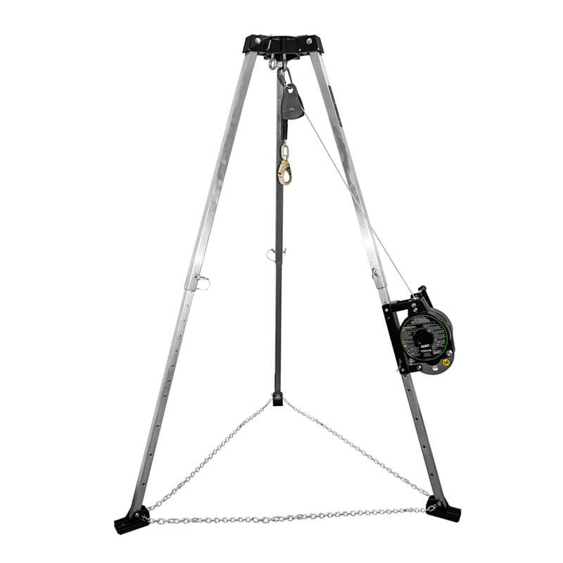 The Frontline Fall Protection Patriot 7' CS Tripod w/3-Way Retrieval System features steel legs, base chains, a safety hook, and a winch-equipped pulley—ideal for confined space entry or rescue operations with durable aluminum construction.