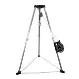 The Frontline Fall Protection Patriot 7' CS Tripod w/3-Way Retrieval System features steel legs, base chains, a safety hook, and a winch-equipped pulley—ideal for confined space entry or rescue operations with durable aluminum construction.