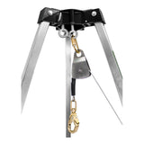 A close-up of the Frontline Patriot 7' CS Tripod w/3-Way Retrieval System by Frontline Fall Production shows its durable aluminum build, metal pulley, cable, and carabiner attached to the center support.