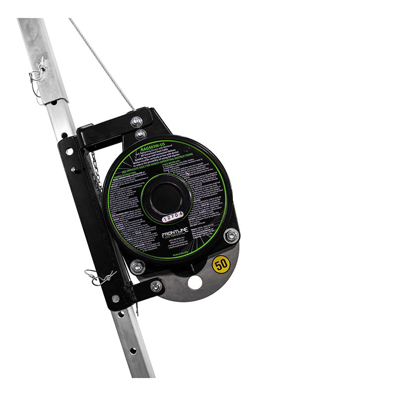 Close-up of a Frontline Fall Protection Patriot 50' 3-Way Retrieval & SRL RAG503W-US attached to a metal ladder, highlighting its circular label and integrated safety features for confined space fall arrest.