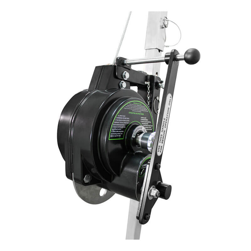 Close-up of the Frontline Patriot 7' CS Tripod w/3-Way Retrieval System by Frontline Fall Production, showing a durable aluminum hand winch with labeled instructions and secure mounting hardware for confined space tripod use.