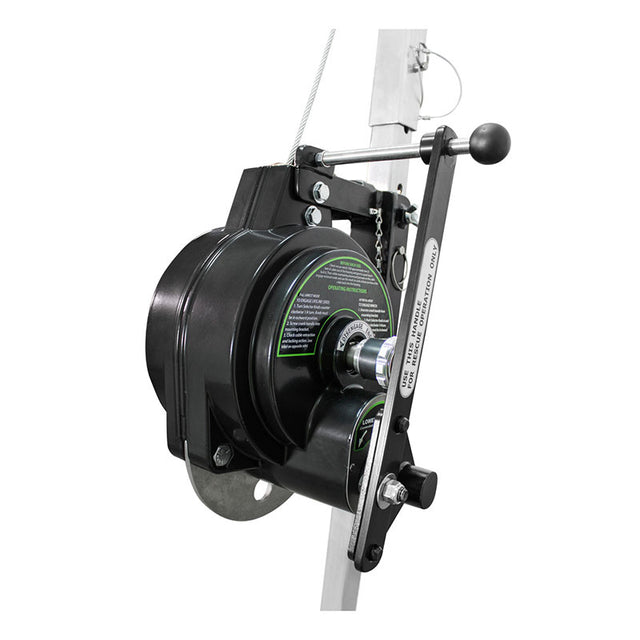 A close-up of the Frontline Patriot 50' 3-Way Retrieval & SRL RAG503W-US by Frontline Fall Protection, mounted on a metal pole with crank handle and cable—perfect for fall arrest in confined spaces.