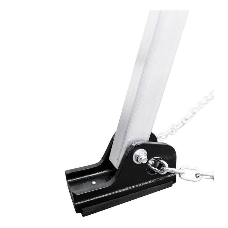 Close-up of the Frontline Patriot 7' CS Tripod by Frontline Fall Production, showing its durable aluminum frame joint with a silver rectangular pole in a black base, bolted and linked to a metal chain, on a white background.