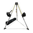The Frontline Fall Protection MEGApod Aluminum Tripod w/60' Winch & 3-Way SRL features silver aluminum legs with yellow caution stripes, black mechanical components, safety chains at the base, and includes a black equipment bag.