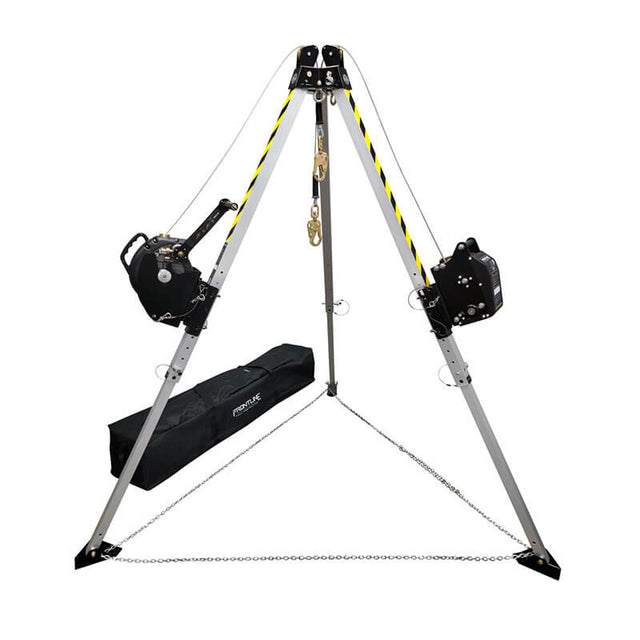The Frontline Fall Protection MEGApod Aluminum Tripod w/60' Winch & 3-Way SRL features silver aluminum legs with yellow caution stripes, black mechanical components, safety chains at the base, and includes a black equipment bag.