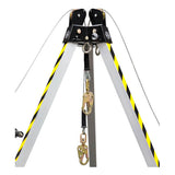 The Frontline MEGApod Aluminum Tripod w/60' Winch & 3-Way SRL by Frontline Fall Protection features black and yellow striped legs and is designed for fall protection or confined space rescue operations.