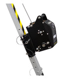 A close-up of the Frontline MEGApod Aluminum Tripod with 60' Winch & 3-Way SRL by Frontline Fall Protection, showing the black mechanical winch attached to a striped metal pole with visible bolts, pins, and cables.