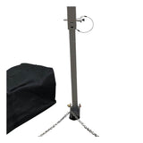 A Frontline Fall Protection MEGApod Aluminum Tripod w/60' Winch & 3-Way SRL features a metal support post, secured with a pin and chain, plus two base chains. A self-retracting lifeline and black covered item are partly visible on the left.