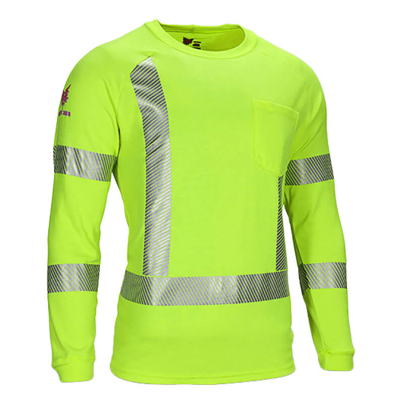 The NSA DRIFIRE Helix FR Long Sleeve Hi-Vis T-Shirt Class 3 TEE-HXC3 is neon yellow with silver reflective stripes on the chest, sleeves, and waist, plus a left chest pocket. It enhances visibility and meets dual hazard protection standards.