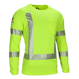 The NSA DRIFIRE Helix FR Long Sleeve Hi-Vis T-Shirt Class 3 TEE-HXC3 is neon yellow with silver reflective stripes on the chest, sleeves, and waist, plus a left chest pocket. It enhances visibility and meets dual hazard protection standards.
