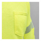 Close-up of the NSA DRIFIRE Helix FR Long Sleeve Hi-Vis T-Shirt Class 3 TEE-HXC3 sleeve, highlighting a small pocket and reflective silver stripe, set against a plain gray background.