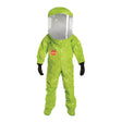 The DuPont Tychem 10000 Commander EX Level A Suit TK555T is a full-body lime green hazmat suit with transparent face shield and black gloves, designed to protect against hazardous materials.