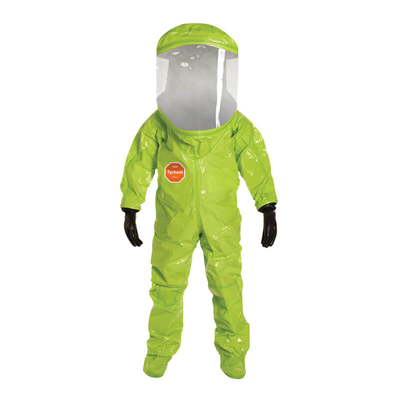 The DuPont Tychem 10000 Commander EX Level A Suit TK555T is a full-body lime green hazmat suit with transparent face shield and black gloves, designed to protect against hazardous materials.