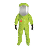 The DuPont Tychem 10000 Commander EX Level A Suit TK555T is a full-body lime green hazmat suit with transparent face shield and black gloves, designed to protect against hazardous materials.
