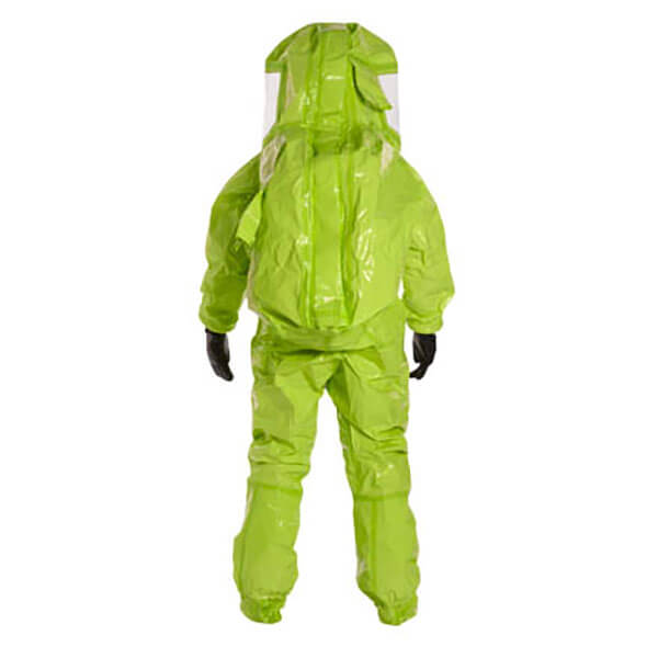 A person wears a bright green DuPont Tychem 10000 Commander EX Level A Suit TK555T with a clear face shield and black gloves, designed for hazardous material protection, standing against a plain white background.