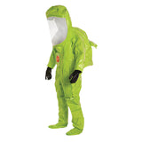 A person in a Dupont Tychem 10000 Commander EX Level A Suit TK555T with a clear face shield and black gloves stands against a plain white background.