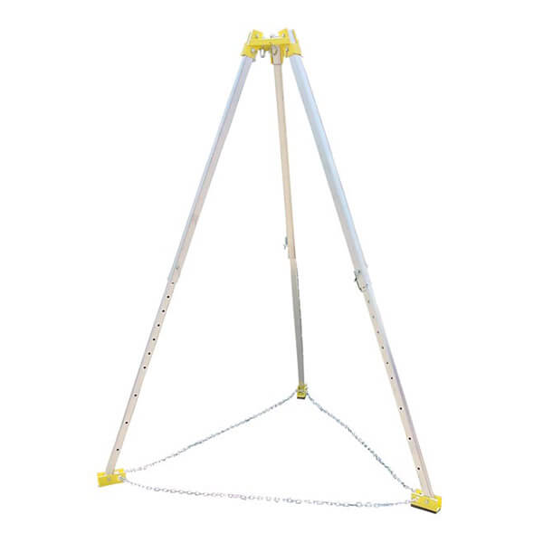 The French Creek 9ft Aluminum Tripod TP9 by French Creek Production features three adjustable aluminum legs, a yellow top bracket, and chain-stabilized yellow foot pads, making it ideal for fall protection in confined space work.