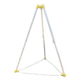 The French Creek 9ft Aluminum Tripod TP9 by French Creek Production features three adjustable aluminum legs, a yellow top bracket, and chain-stabilized yellow foot pads, making it ideal for fall protection in confined space work.