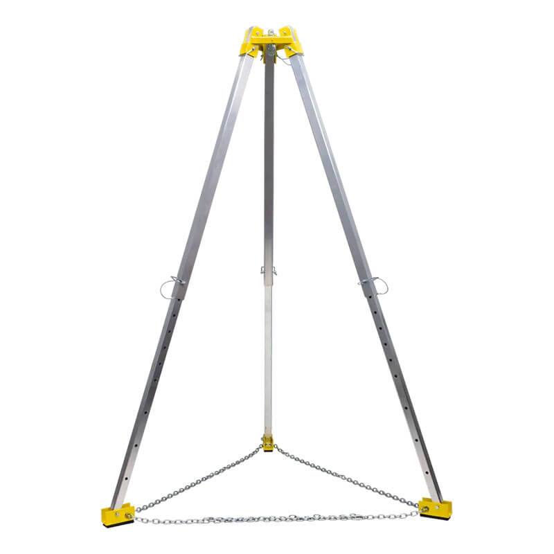The French Creek 7ft Aluminum Tripod TP7 from French Creek Production has three silver legs with black tips and a yellow top joint. A metal chain at the base forms a triangular shape, making it perfect for fall protection in confined spaces against a white backdrop.
