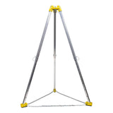 The French Creek 7ft Aluminum Tripod TP7 from French Creek Production has three silver legs with black tips and a yellow top joint. A metal chain at the base forms a triangular shape, making it perfect for fall protection in confined spaces against a white backdrop.