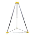 The French Creek 9ft Aluminum Tripod TP9 by French Creek Production is a silver tripod with a yellow top and base, featuring three adjustable legs for confined space access. A safety chain connects the legs at the base for added fall protection, set against a white background.