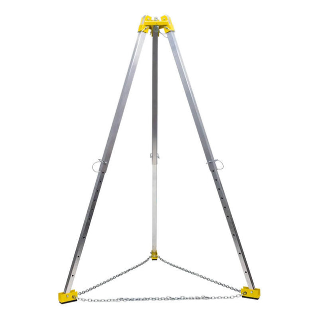 The French Creek 9ft Aluminum Tripod TP9 by French Creek Production is a silver tripod with a yellow top and base, featuring three adjustable legs for confined space access. A safety chain connects the legs at the base for added fall protection, set against a white background.