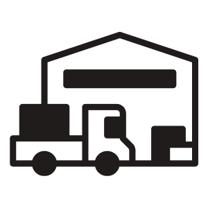 Icon of a warehouse with a forklift and boxes, representing logistics or supply chain management.