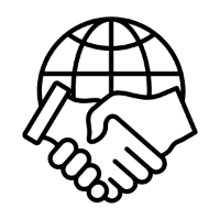 Icon of two hands shaking with a world map in the background