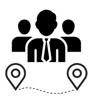 Black and white icon of man with tie in front of two people and two points of a map with a dotted line between them.